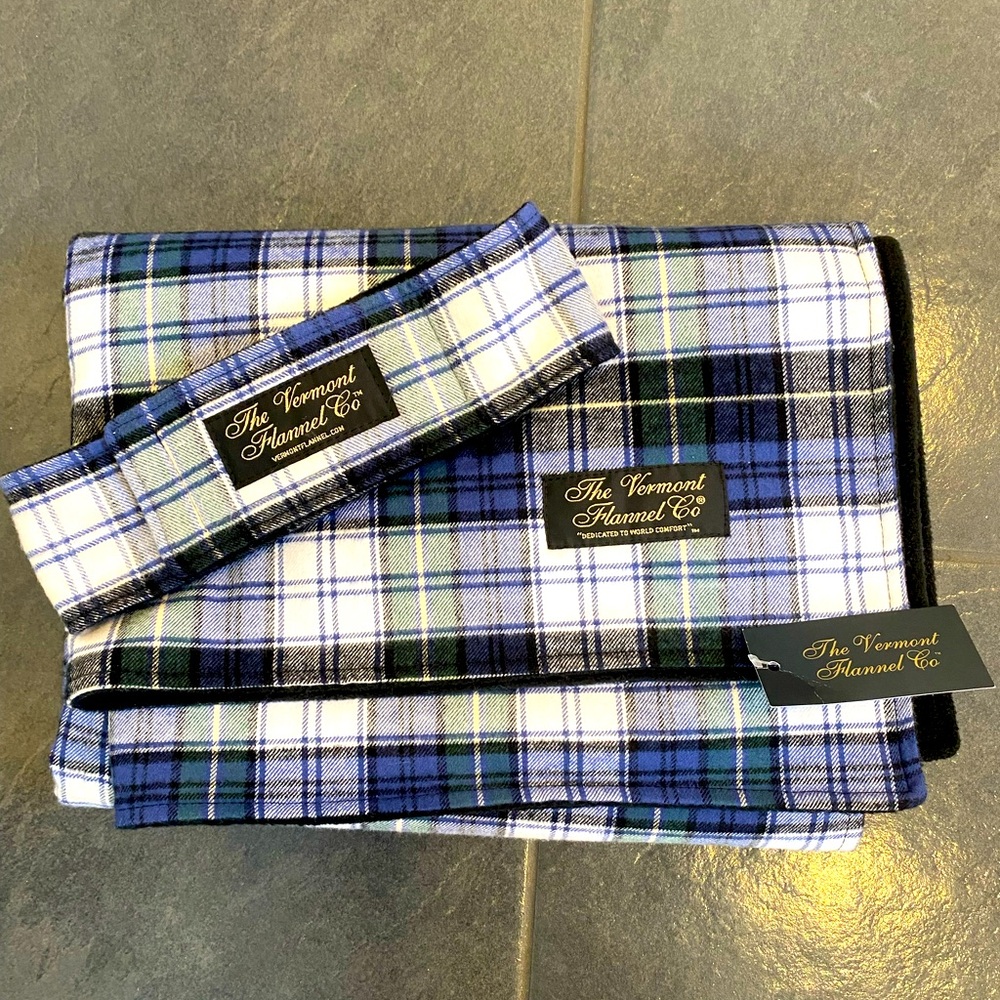 Vermont Flannel Blue and Green Plaid stadium blanket & matching thermal headband